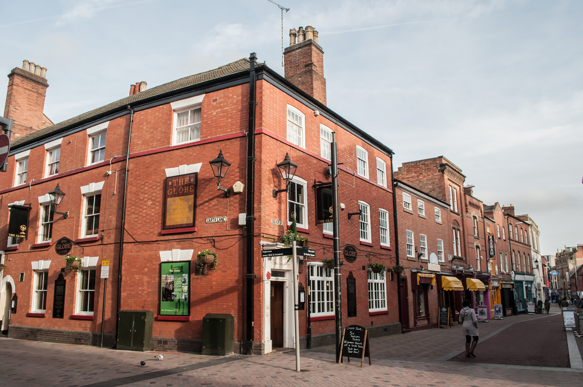 The Globe Inn, Silver Street, Leicester, in 2016.  Stockingers gathered in the Globe Inn each Saturday to sell their goods. Nathaniel Corah bought his supplies here and sold them in Birmingham.